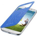 Abbildung zeigt Original Galaxy S4 LTE (GT-i9505) Akkudeckel mit Lederflappe S-View light blue EF-CI950BC