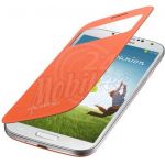 Abbildung zeigt Original Galaxy S4 (GT-i9500 not for Germany) Akkudeckel mit Lederflappe S-View orange EF-CI950BO